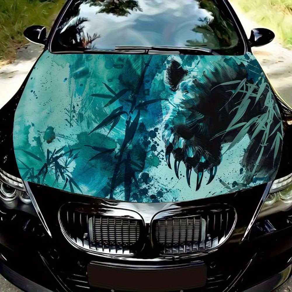 

Fierce Panda in Teal Bamboo Car Hood Vinyl Wraps, Car Engine Decal Sticker, Waterproof Self-adhesive Car Vinyl Wraps, Surface Pr