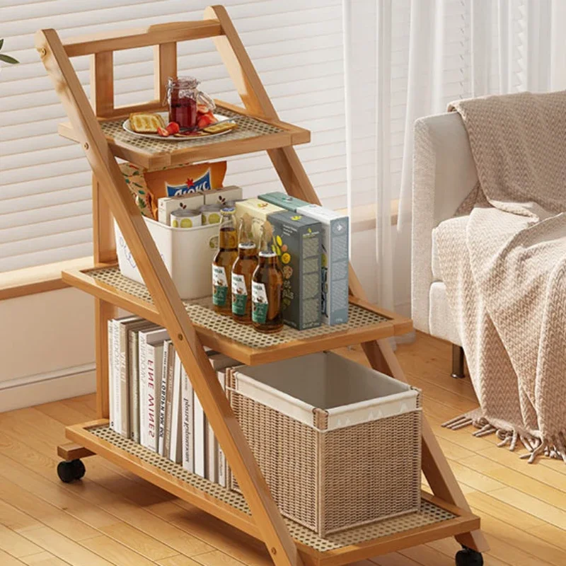 Solid wood move edge table Multi functional trolley Foldable storage rack Modern minimalist bookshelf Household snack organizer