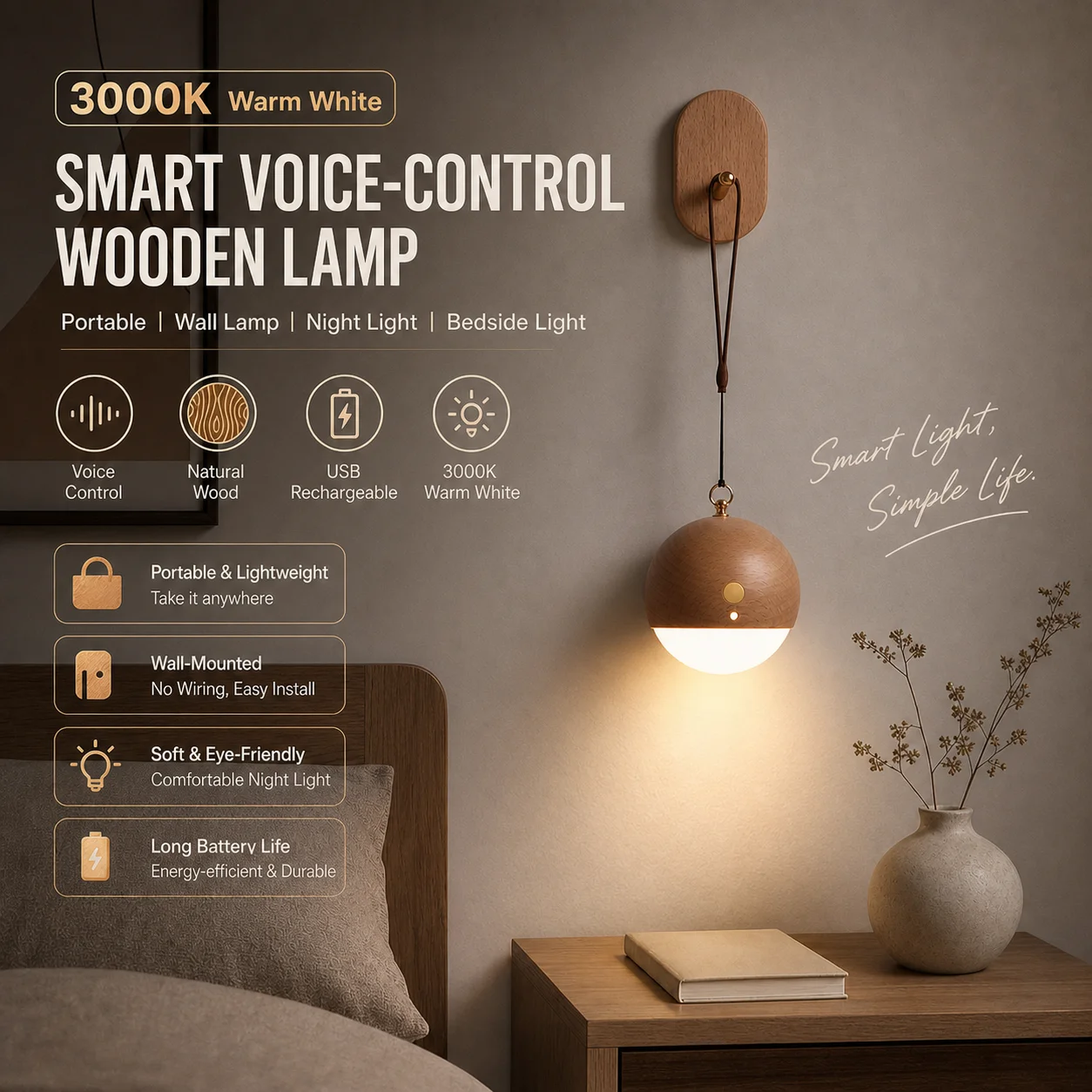 WWPPU Wooden Smart Voice Control Lamp Sphere Hanging Night Light USB Rechargeable Wall Mounted Sconce Bedside Lamp