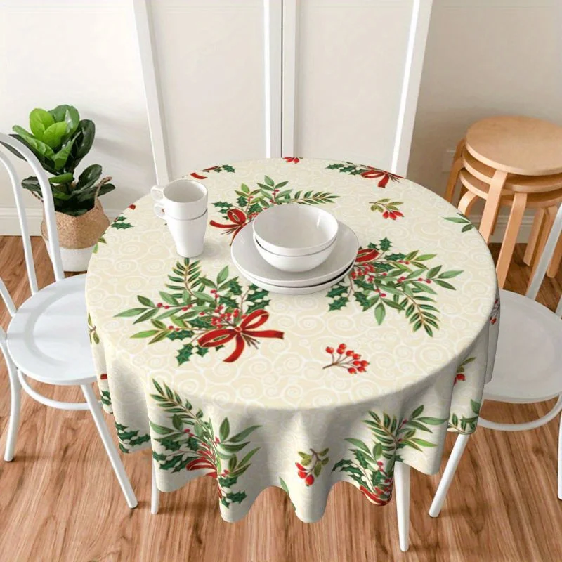 1pc Christmas Red Bow and Leaf Print Round Tablecloth - Washable Polyester, Festive Holiday Party Decor for Home Kitchen