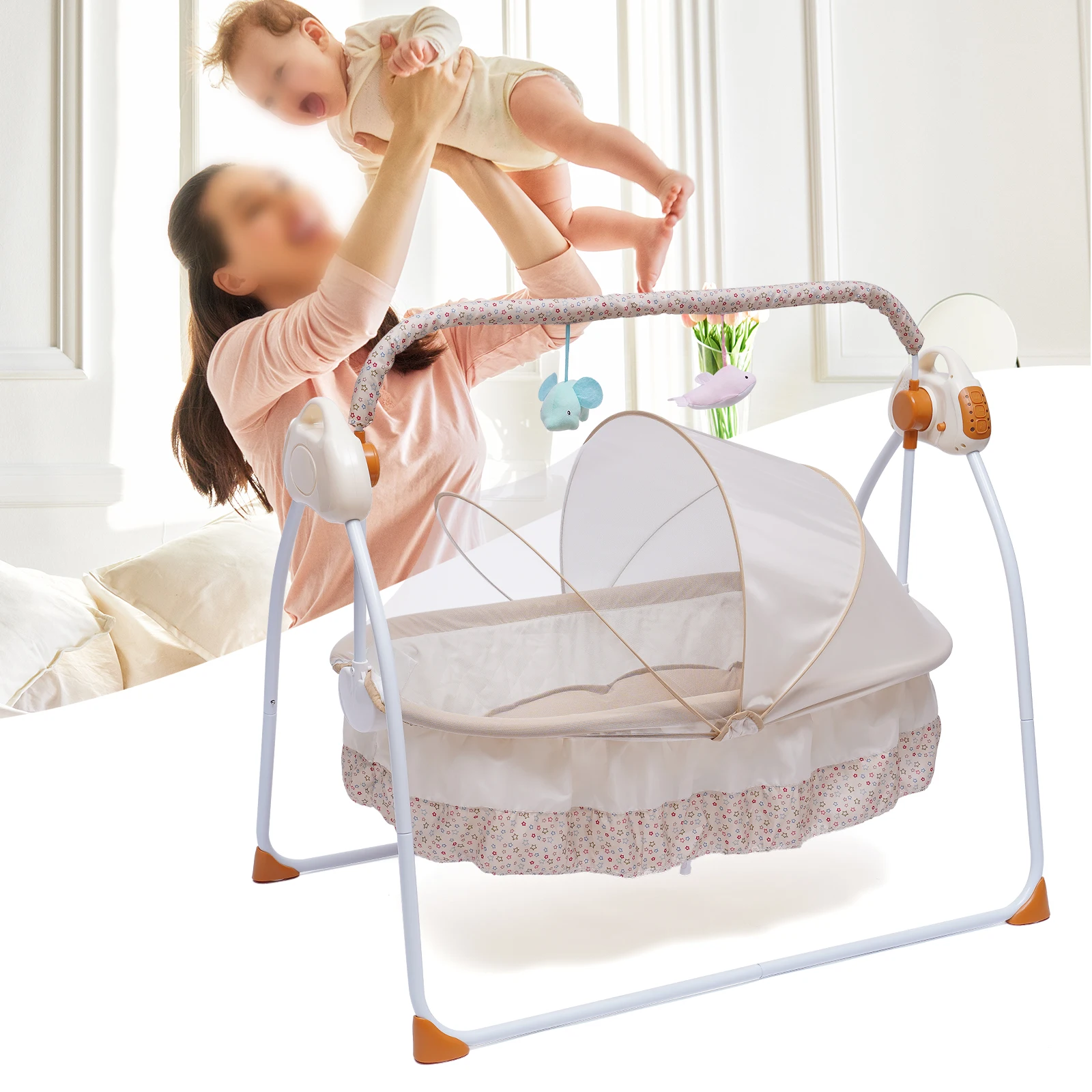 Baby Cradle Swing for Newborns Soothing Sleep Aid with Multiple Functions Remote Control Portable Indoor Outdoor Use Easy Fold