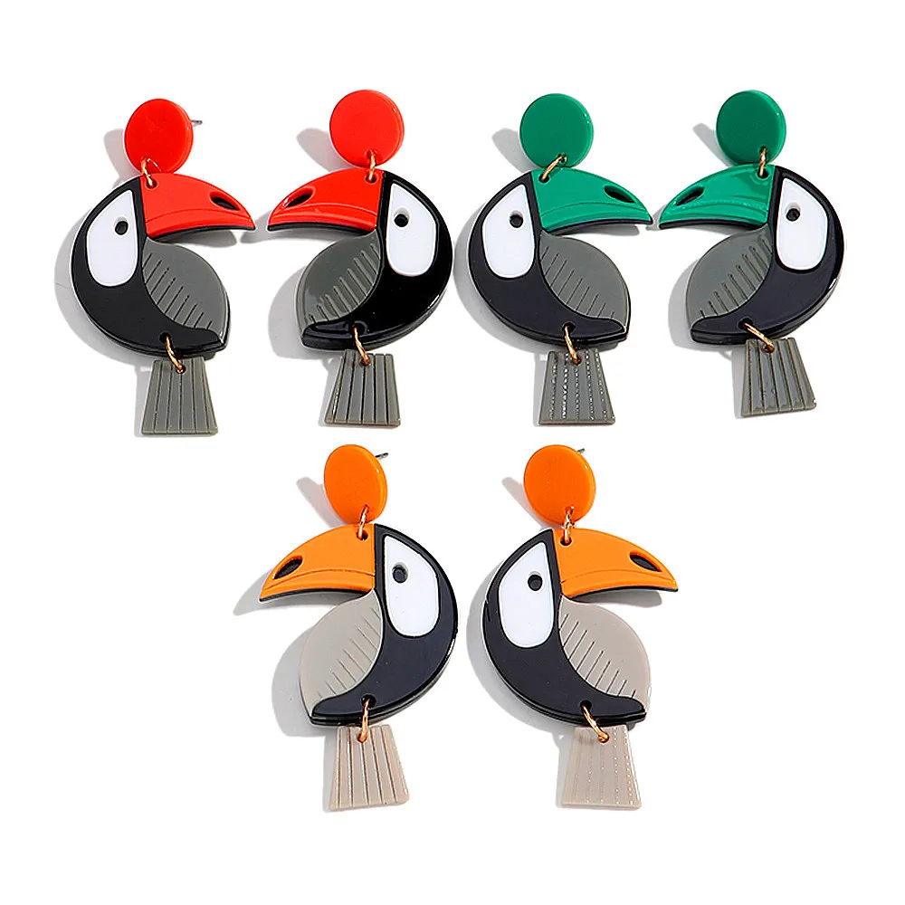 Boucles d'oreilles pendantes en acrylique 3D pour femmes, jolis oiseaux, perroquet, animaux de dessin animé amusants, épissure, bijoux cadeaux de fête