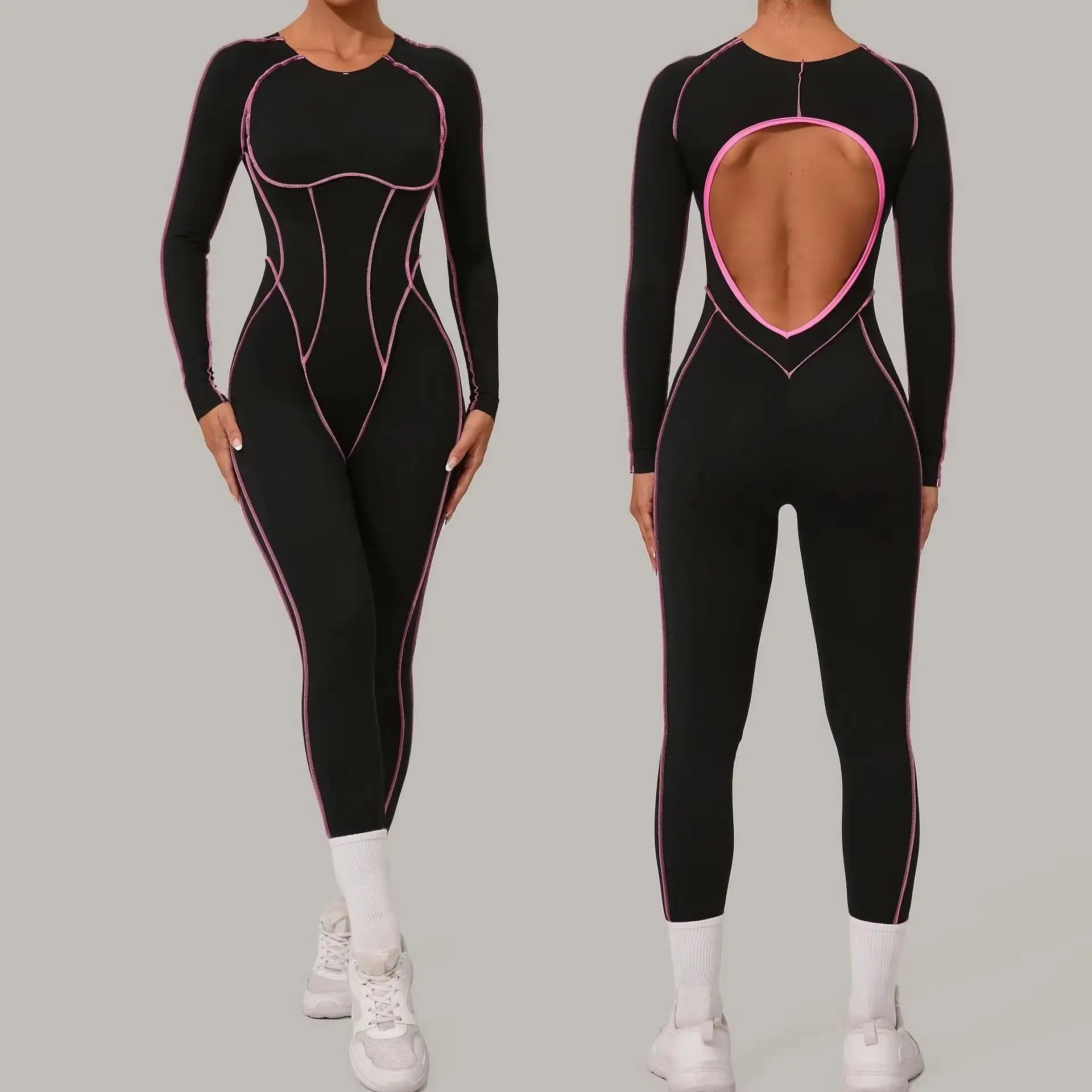 Yoga Suit Sport Fitness Seamless Line Contrast Color Skinny Pants One PieceYoga Clothing On The Back Long Sleeves Fitness Suit