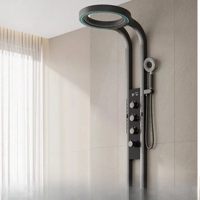 Solid Brass Complete Shower Set With Digital Temperature Display, Waterfall High Pressure Shower Head For Household Bathroom
