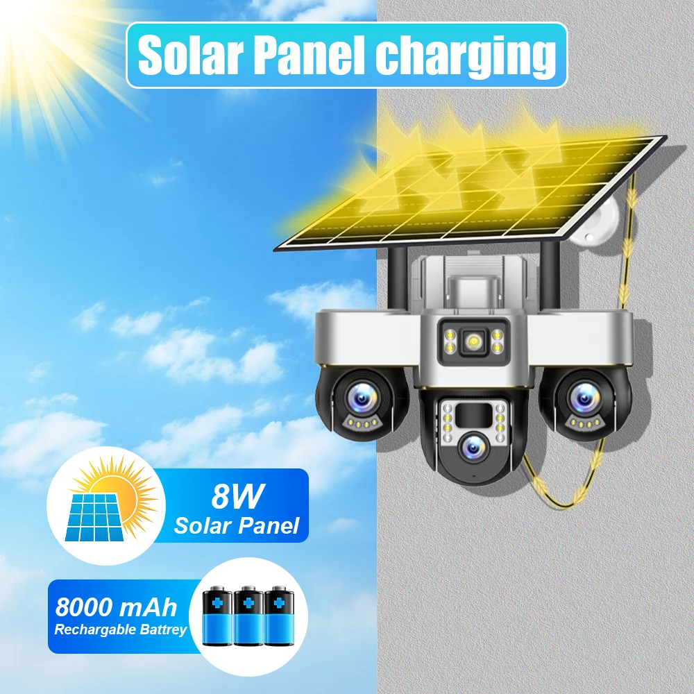 Kamera solarna 4G LTE 15MP HD z potrójnym obiektywem, zewnętrzna, wodoodporna, IP CCTV, z detekcją ruchu PIR, funkcją PTZ i kolorowym trybem nocnym.