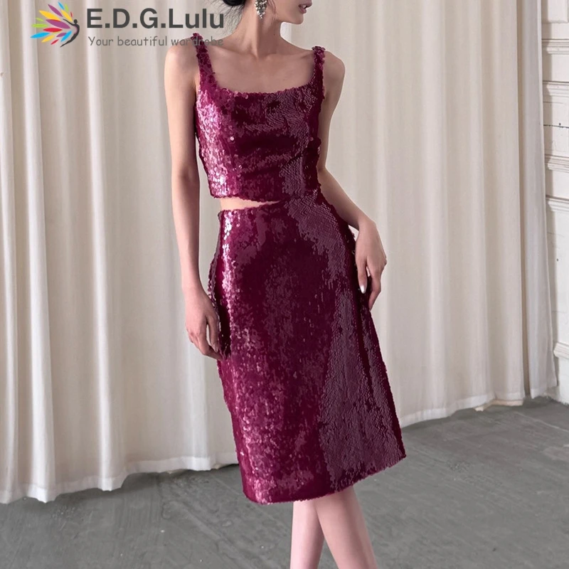 

EDGLuLu модный комплект из двух предметов с квадратным вырезом, короткий топ без рукавов + юбка-миди, комплект с красными пайетками, день рождения 0821