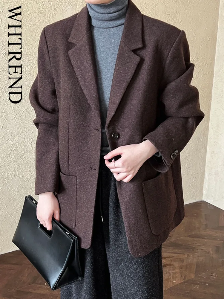 

WHTREND Korean Style Autumn Winter Wool Blazer For Women 2025 New High End Casual Woolen Jacket Coat WH1718