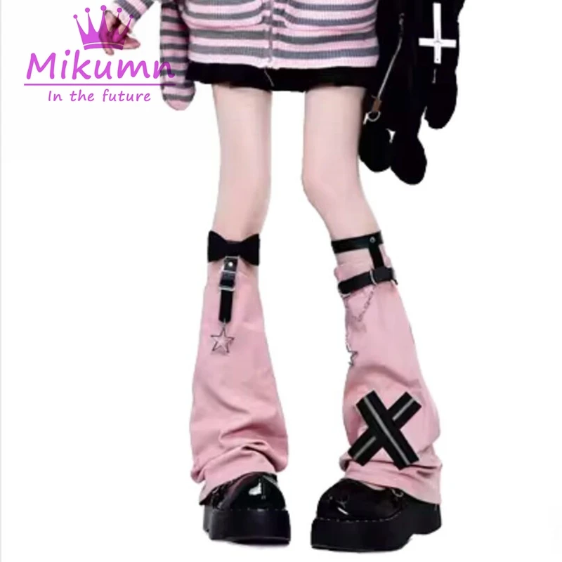 Mikumn Harajuku Y2k Black White Pink Grey Bow Leather Buckle Leg Warmers Socks Gothic Punk Cross Star Chain Solid Chic Leg Cover