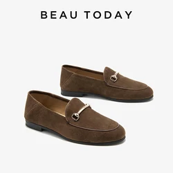 BEAUTODAY Loafers Women Kid Suede Round Toe Vintage Metal Decoration Solid Color Casual Flat Shoes Female Handmade 26206