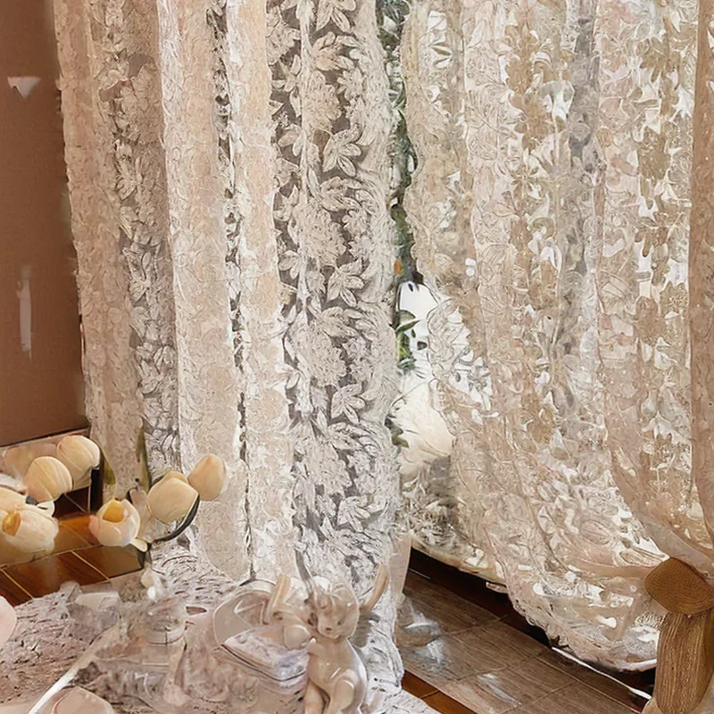 Korean Lace Embroidery Beige Gauze Curtains For Living Dining Room Bedroom Vintage Court Style Translucent Partition Half Door