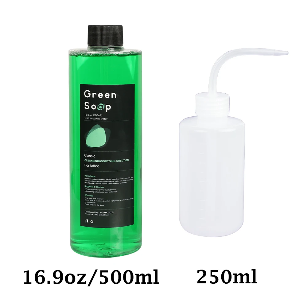 

16.9oz 500ml Green Soap Prep Wash with 8oz 250ml Squeeze Bottle For Tattoos and Piercings Liquid Cleaning Solution for Aftercare