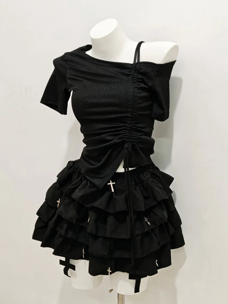 Summer New Gothic Darkly 2-piece Set High Street Y2k Darkly Short Sleeve Shirt Tops Vintage Chic High-waist Black Short Skirt