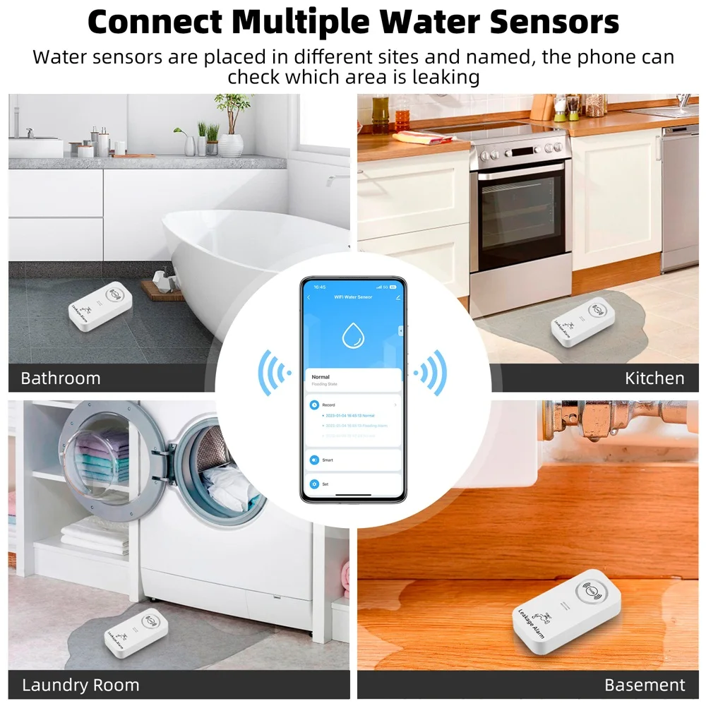 KERUI Tuya WIFI Wireless Water Sensor 90dB Alarm Water Leak Detector Alert Monitoring of Leaks Drip Alarm for Kitchen Bathroom