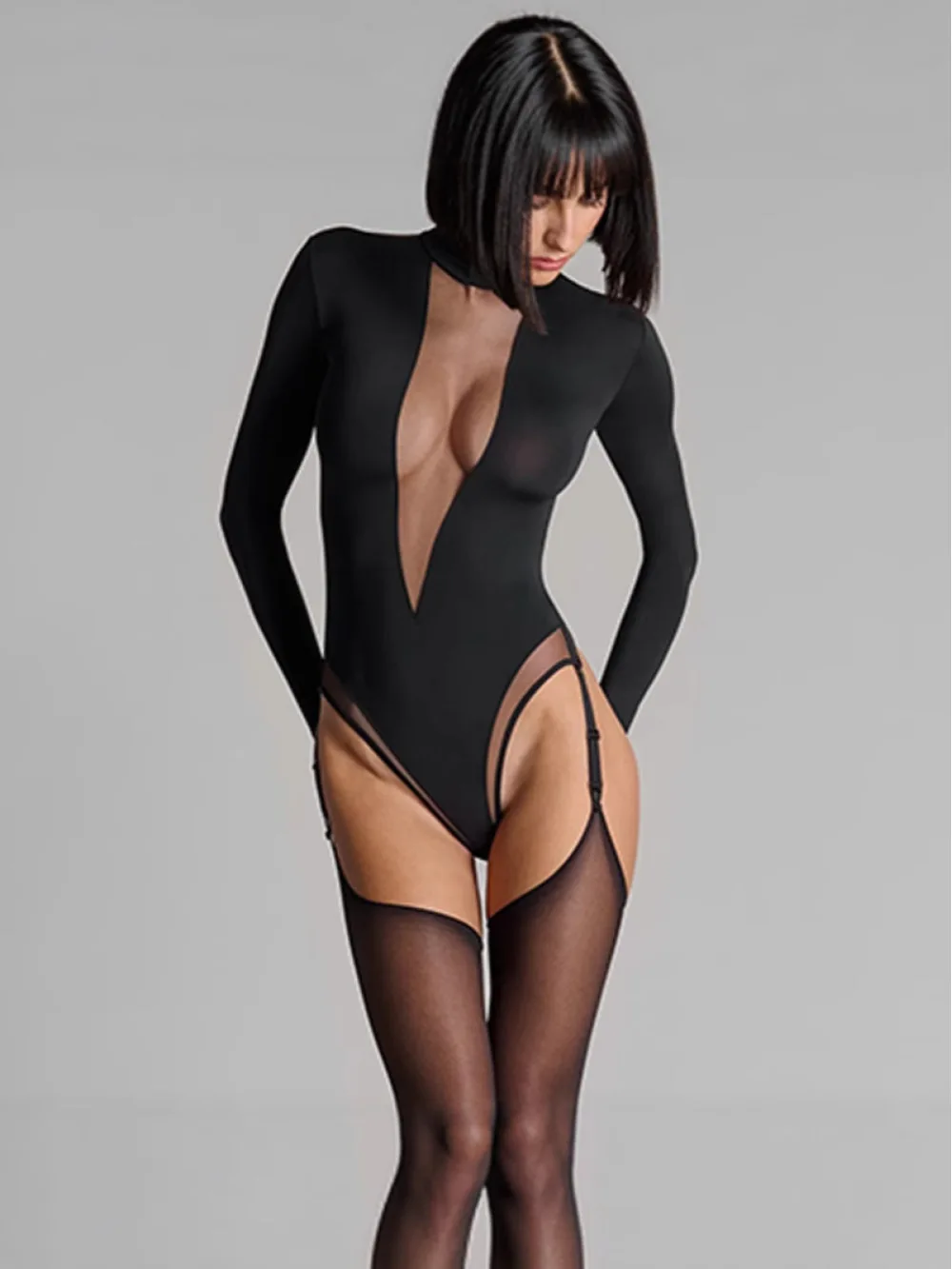 春夏新作セクシーディープVボディスーツ、シアーメッシュパッチワークロングスリーブ、ホットガールアウターウェア＆レイヤリングトップピュアディザイアニッチ
