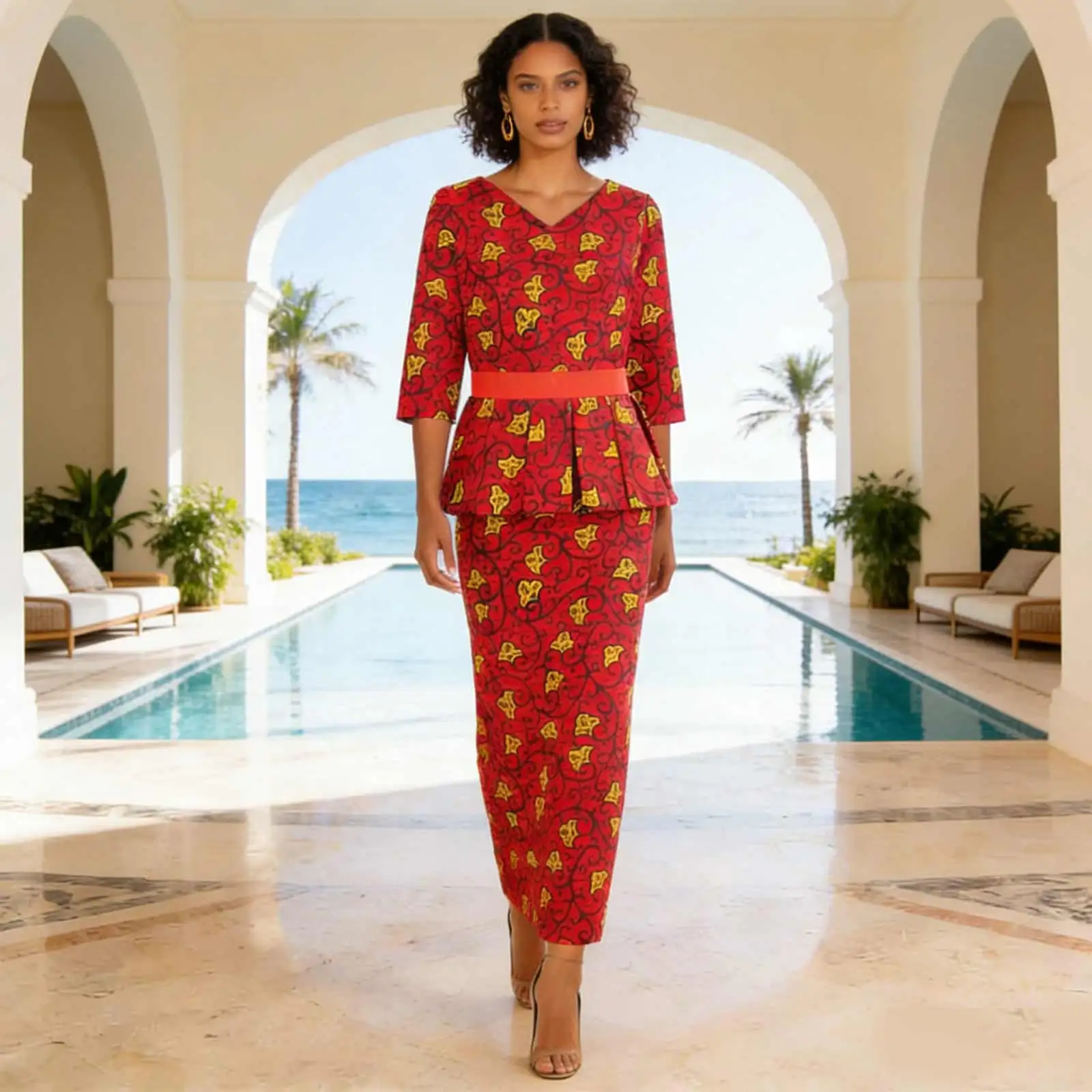 African Clothes for Women Crop Tops and Maxi Skirts 2 Piece Set Vintage Traditional Outfits Ankara Attire with Belt A2226010
