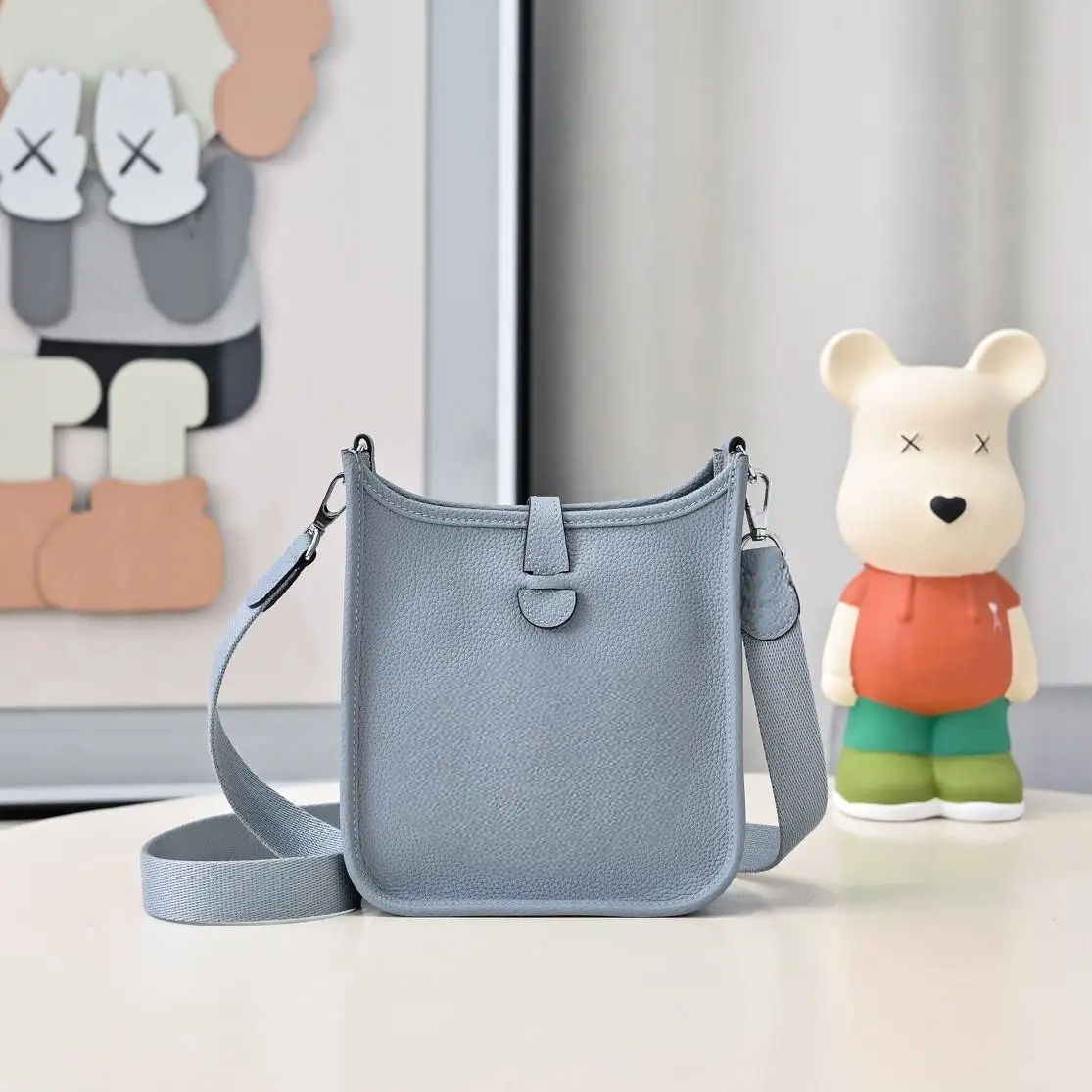 

Mist Blue Grained Leather Crossbody Bag, Minimalist Luxury Handbag for Daily Wear & Business