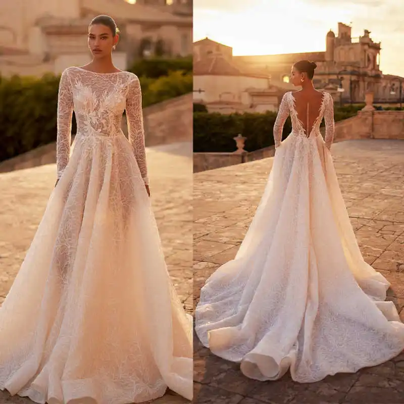 Romantic Wedding Dresses Long Sleeve Lace A Line Gown Illusion V Back Full Flared Skirt Bridal Wedding Ceremony Customized