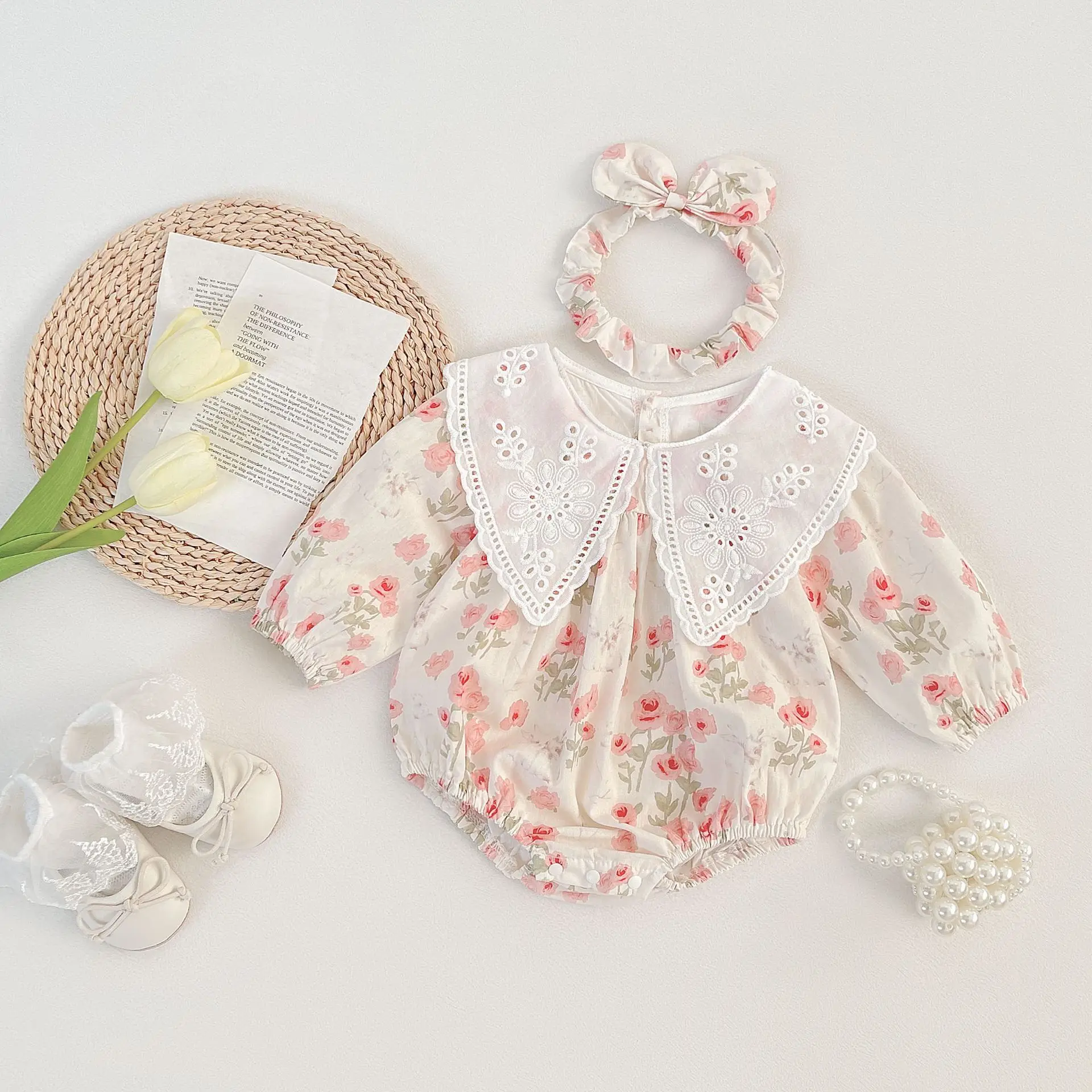 

Baby long-sleeved spring and autumn outing clothes, cute and sweet boneless pure cotton pink flower one-piece dress