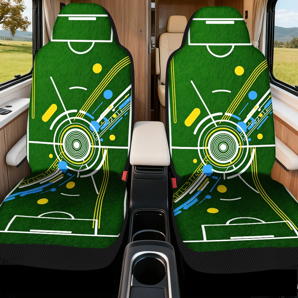 2pcs Geometric Soccer Field Art Print Front Seat Covers | Polyester, Machine Washable, Universal Fit, Stylish Auto Accessory For