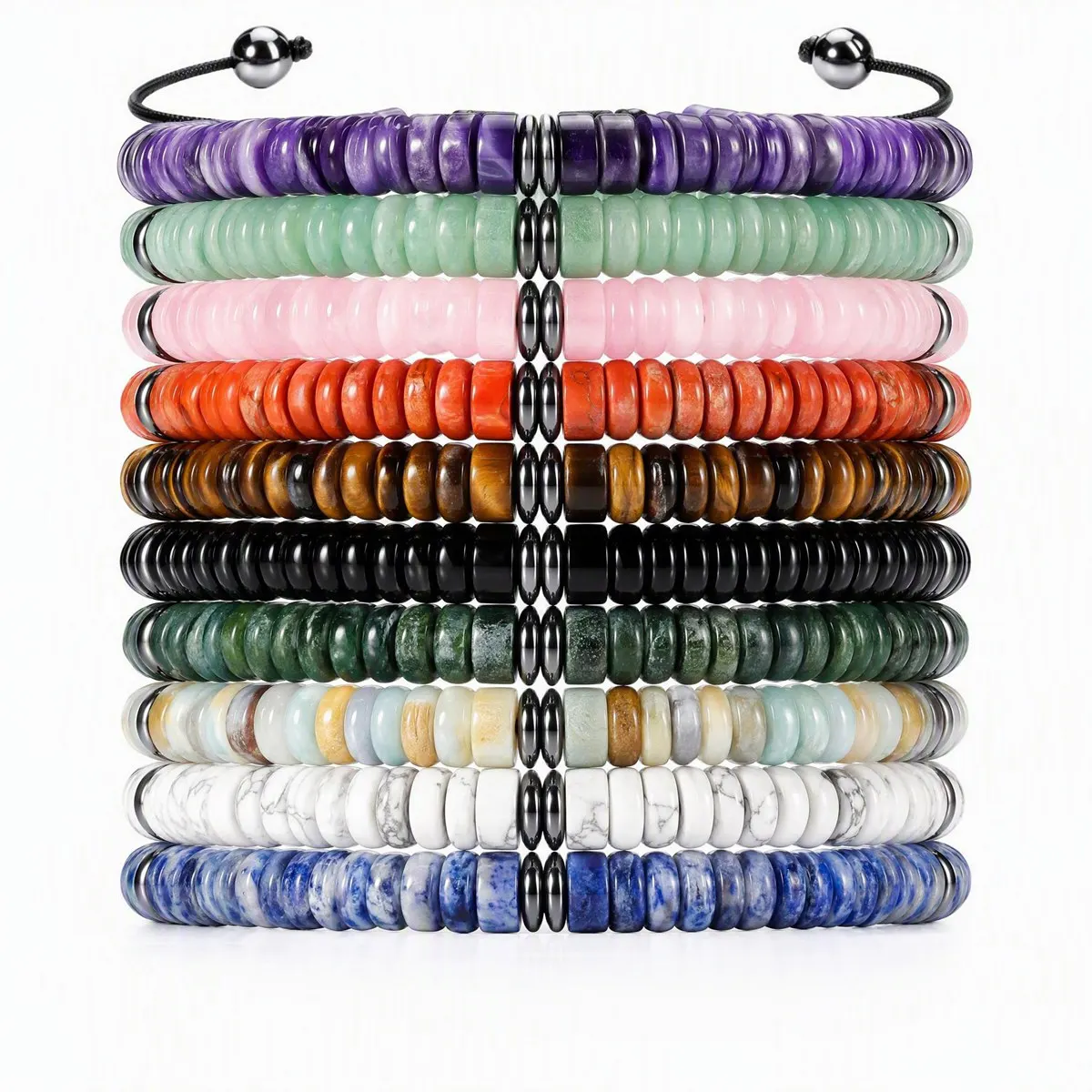 6MM Stone & Hematite Disc Bead Adjustable Bracelet Macrame Slide Closure Unisex Healing Crystal Jewelry Men Women