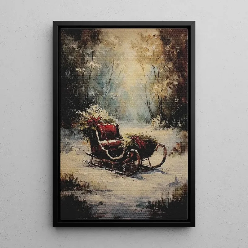 Vintage Painting Snowy Forest Red Sleigh Christmas Canvas Poster Prints Frameless Wall Art Festive Winter Cozy Warm Decor