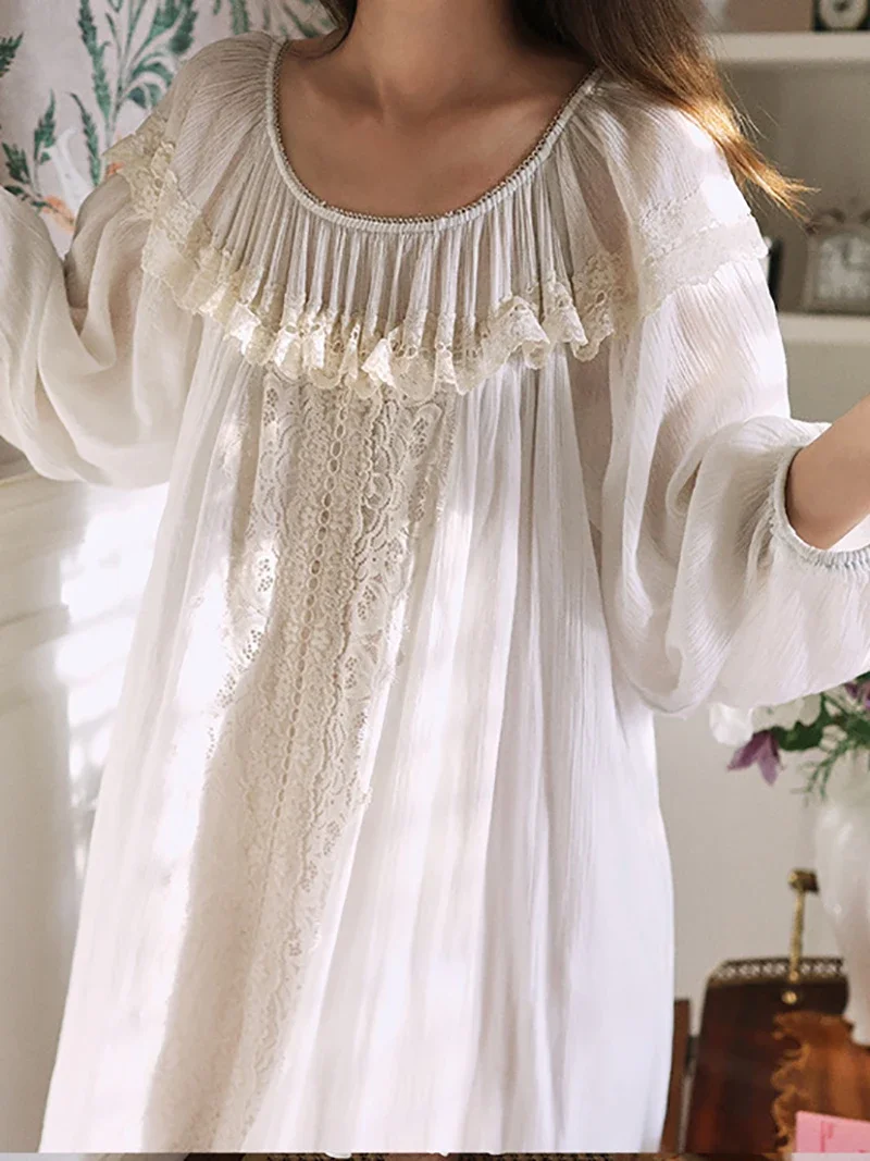 

French Ruffles Sweet Girl Cotton Loose Princess Nightgown Vintage Princess Pajama Nightwear Sleepwear Victorian Fairy Nightgowns