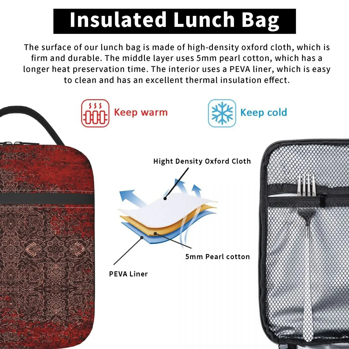 Red Vintage Oriental Traditional Moroccan Artwork Insulated Lunch Bag Women Children Portable Food Boxes Thermal Lunch Box Tote