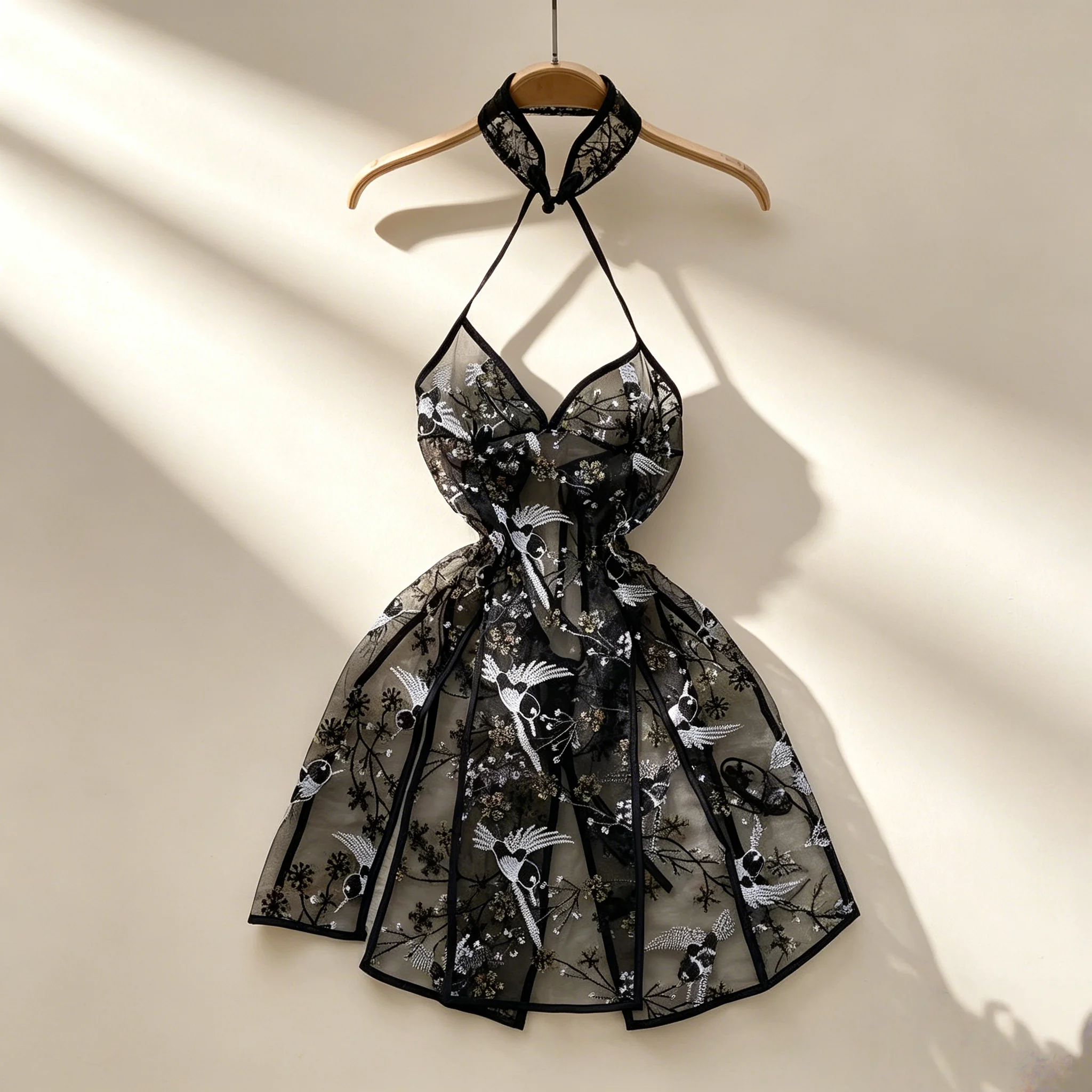 Damenkleidung Japanischer Kimono Schwarz V-Ausschnitt Blumendruck Langarm Schnür-Minikleid Sexy Locker Sitzende Strickjacke mit Schleife an der Taille – Detail 13