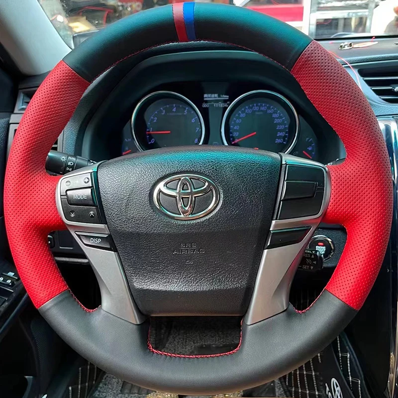 

For Toyota Mark X Reiz 2009-2019 hand-stitched high-quality non-slip black red Genuine Leather car steering wheel cover