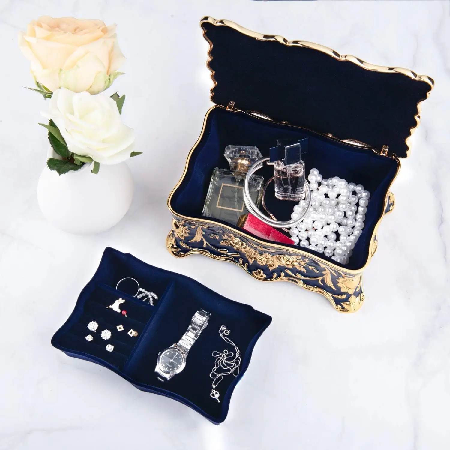 Vintage Rectangle Trinket Jewelry Box with Two Layers Ornate Design Ring & Earring Organizer Treasure Case Keepsake Birthday Gif