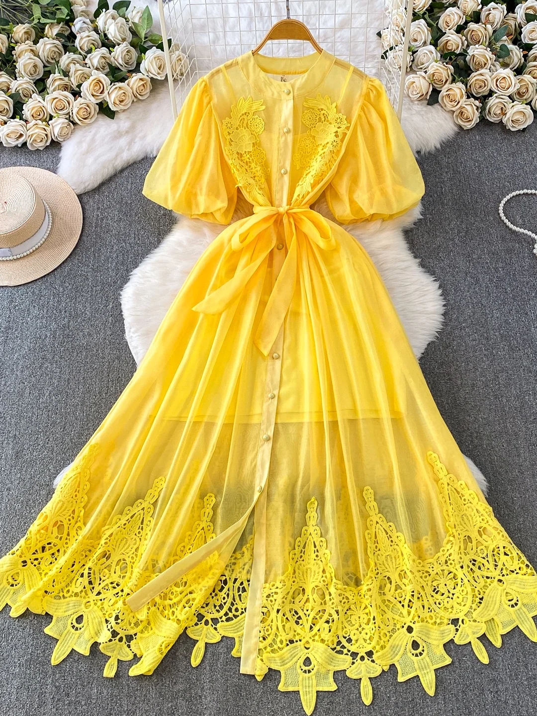 Dresses - İlkbahar Sonbahar İnce Şifon Fener Kollu