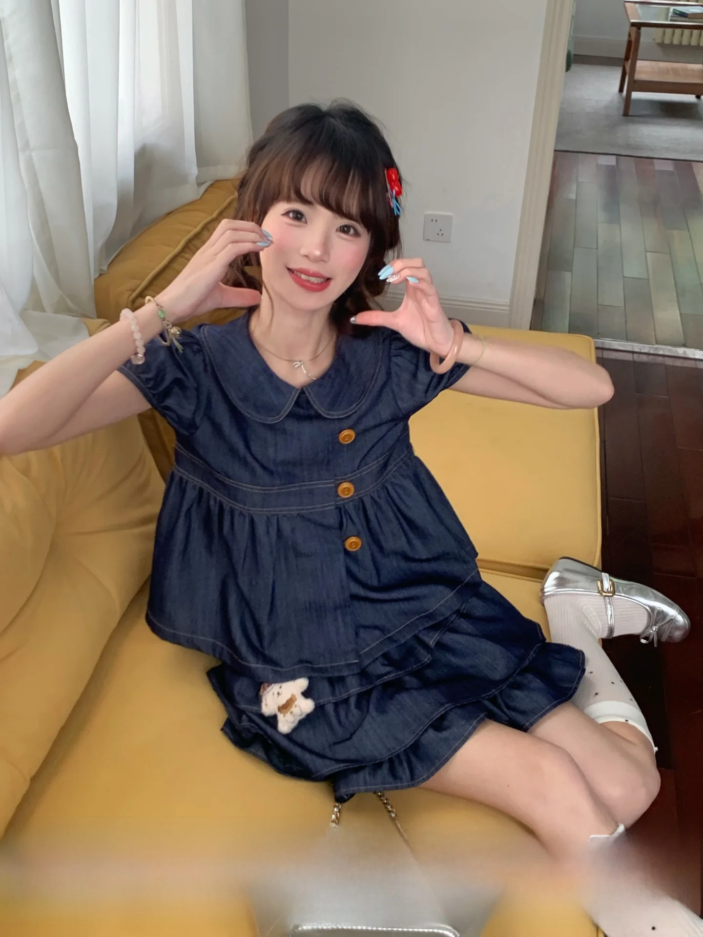 Retro Loose Design Color Block Denim Shirt And Skirt Set Women's Summer Fashion Outfit Bubble Sleeve Casual Loose Fit Shirt