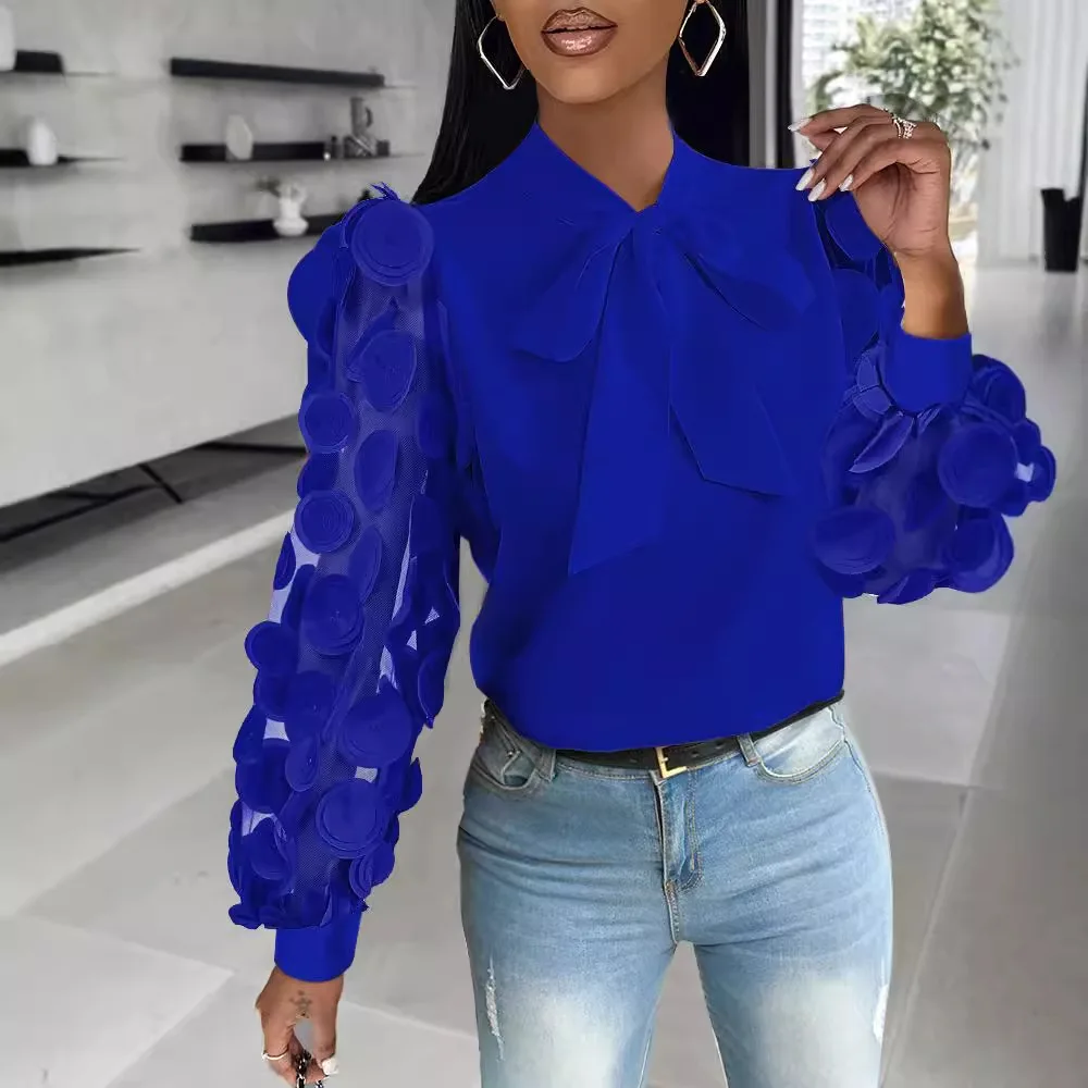 

Elegant Ladies' Blue Autumn Mesh Patchwork Fashionable Petal Sleeves Round Neck Lace Up Blouse Casual Long Sleeved Office Shirt