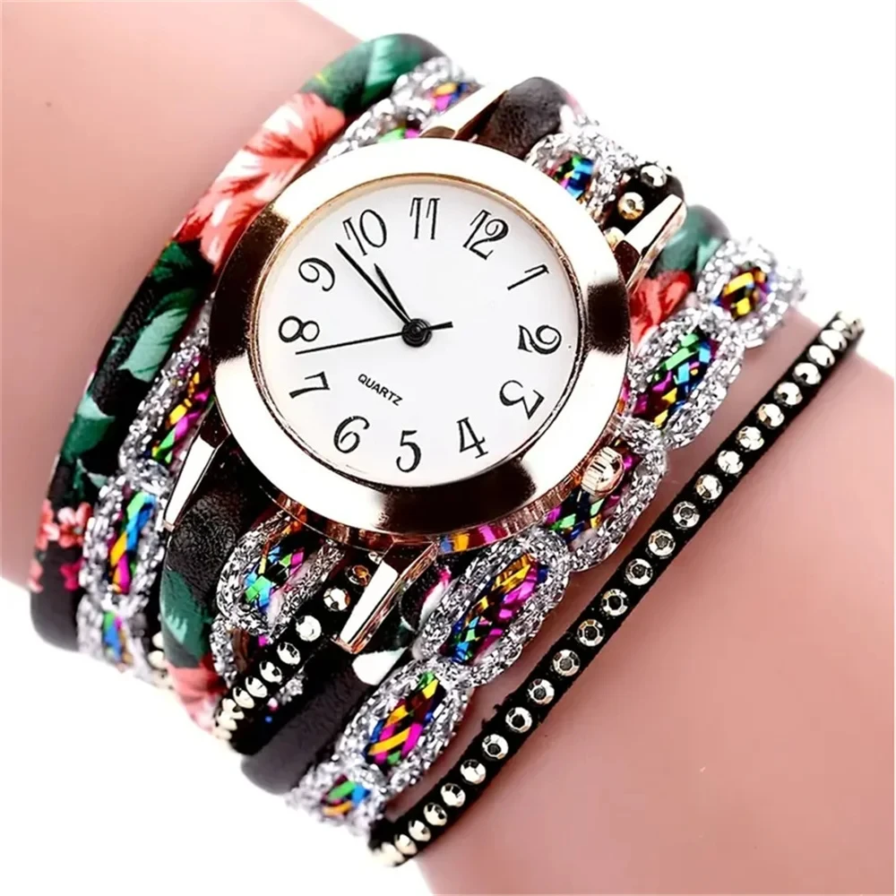

Women's Casual Vintage Multilayer Colorful Rhinestone Faux Leather Bracelet Wrist Watches Ladies Female Clock Montre Femme Relog