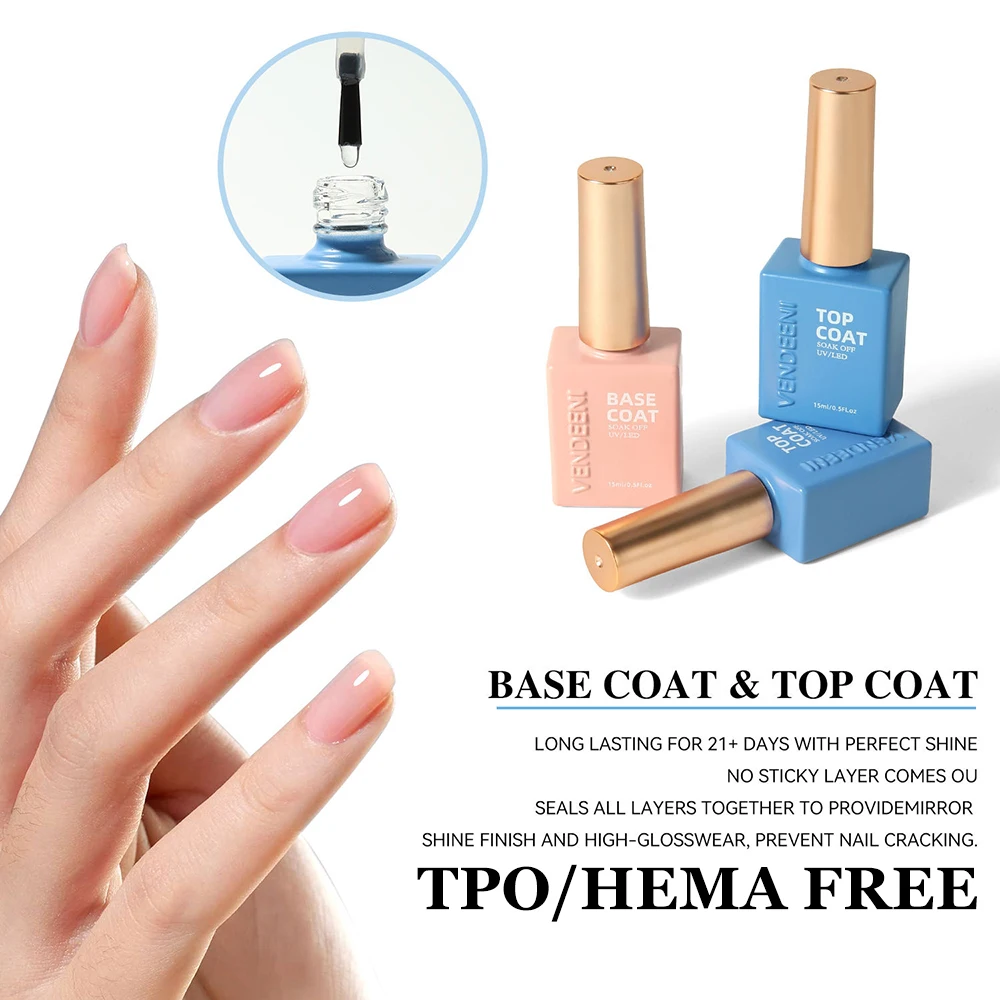 Vendeeni High Brightness No Wipe Strong Top Coat Base Coat Gel Nail Polish UV Soak off Gel Varnish Scratch-Resistant Top Coat