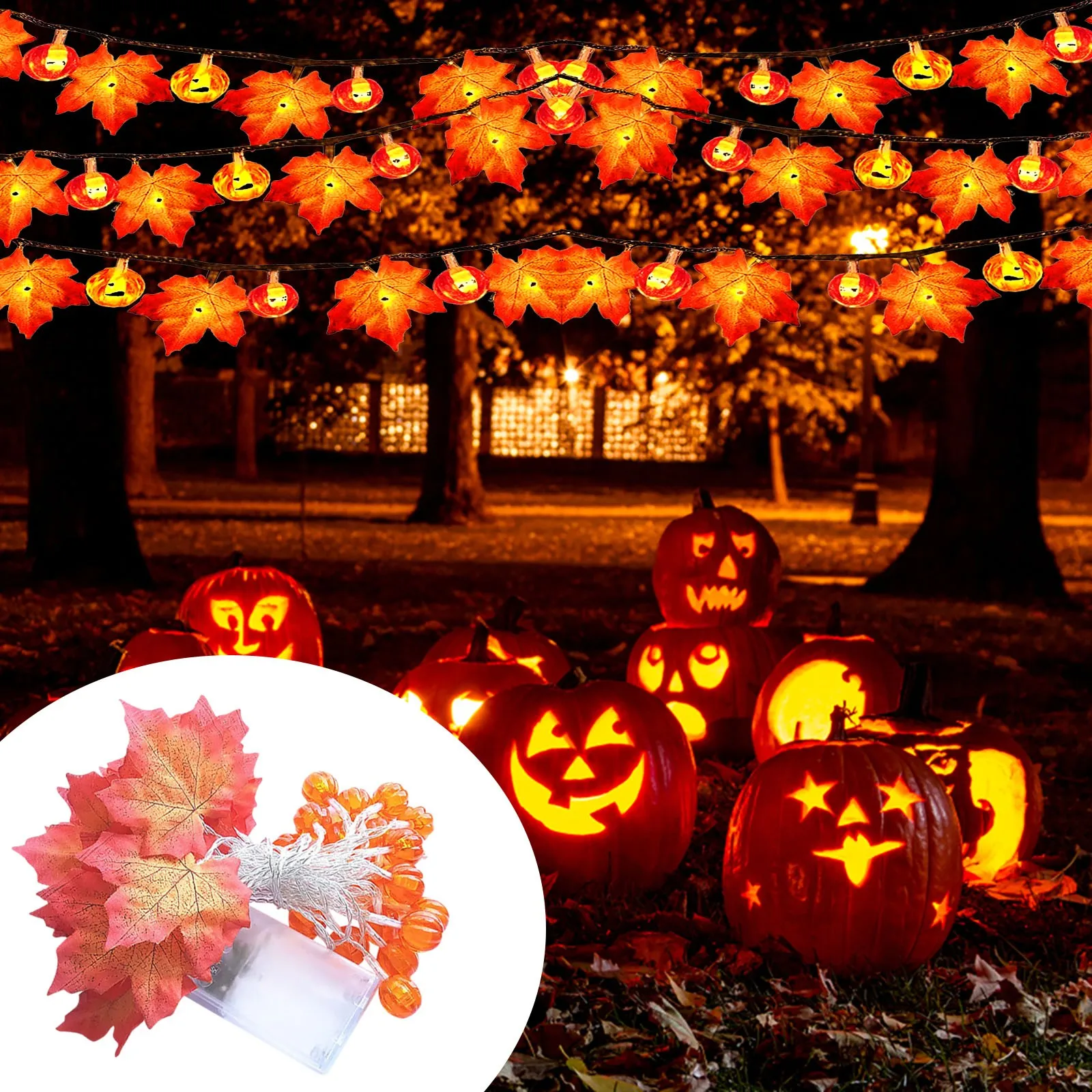 Guirnalda de luces Led con forma de hoja de arce para decoración del hogar, farol de calabaza de 1,5 m con caja de batería para Halloween, iluminación decorativa para patio, fiesta y habitación