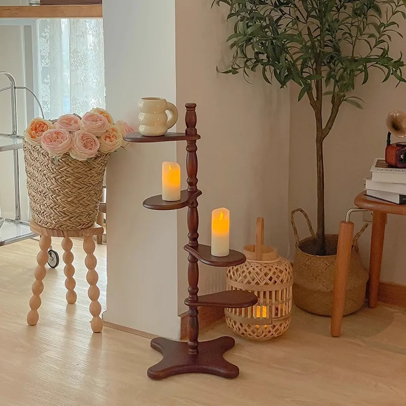 HYS medieval shelf flower pot shelf solid wood display stand cup shelf retro decorative storage leaf flower stand corner