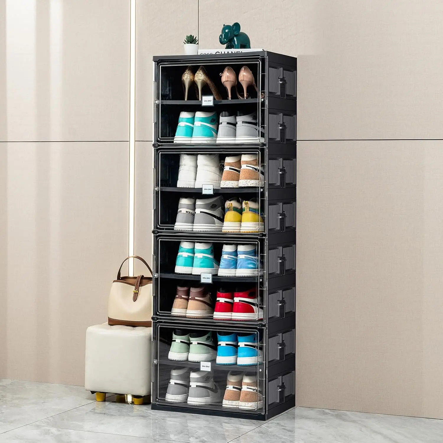 8 Tiers 16 Pairs Portable Shoe Organizer Storage Boxes with Magnetic Door, Folding X-Large Shoe Rack Free-Standing