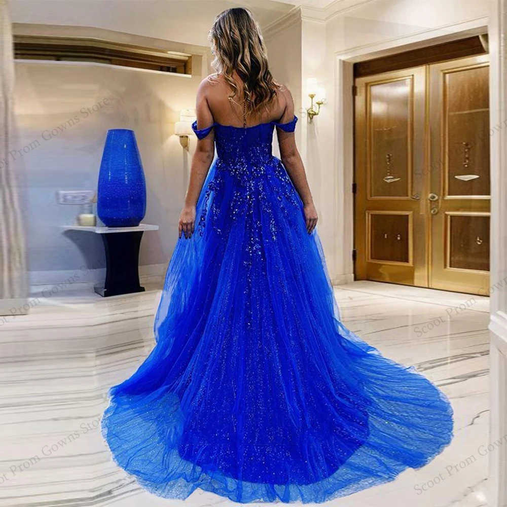 Robes De Soirée bleu Royal à la mode, personnalisées, épaules dénudées, robes De bal avec appliques, nouvelle Robe De Soirée en Tulle doux, été, 2025