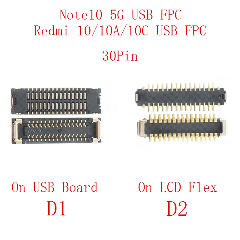 2pcs 30 40 50 60 Pin LCD Screen Usb Charging Battery FPC Connector On Board For Xiaomi Redmi 10/10A/10C/Note 10 Pro 4G/Note10 5G