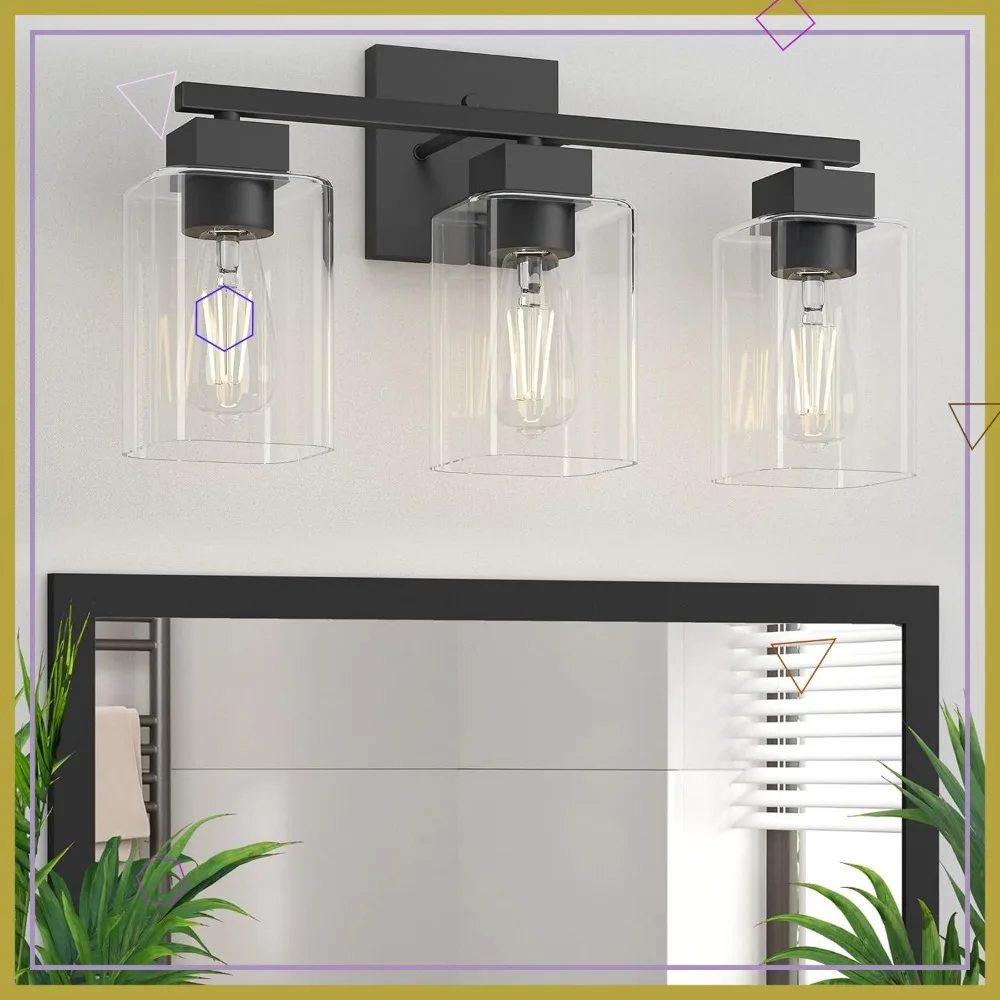 

Matte Black Bathroom Vanity Light, 3-Light Square Design with Clear Glass Shades, UL Certified, E26 Socket (Bulbs Not Included)