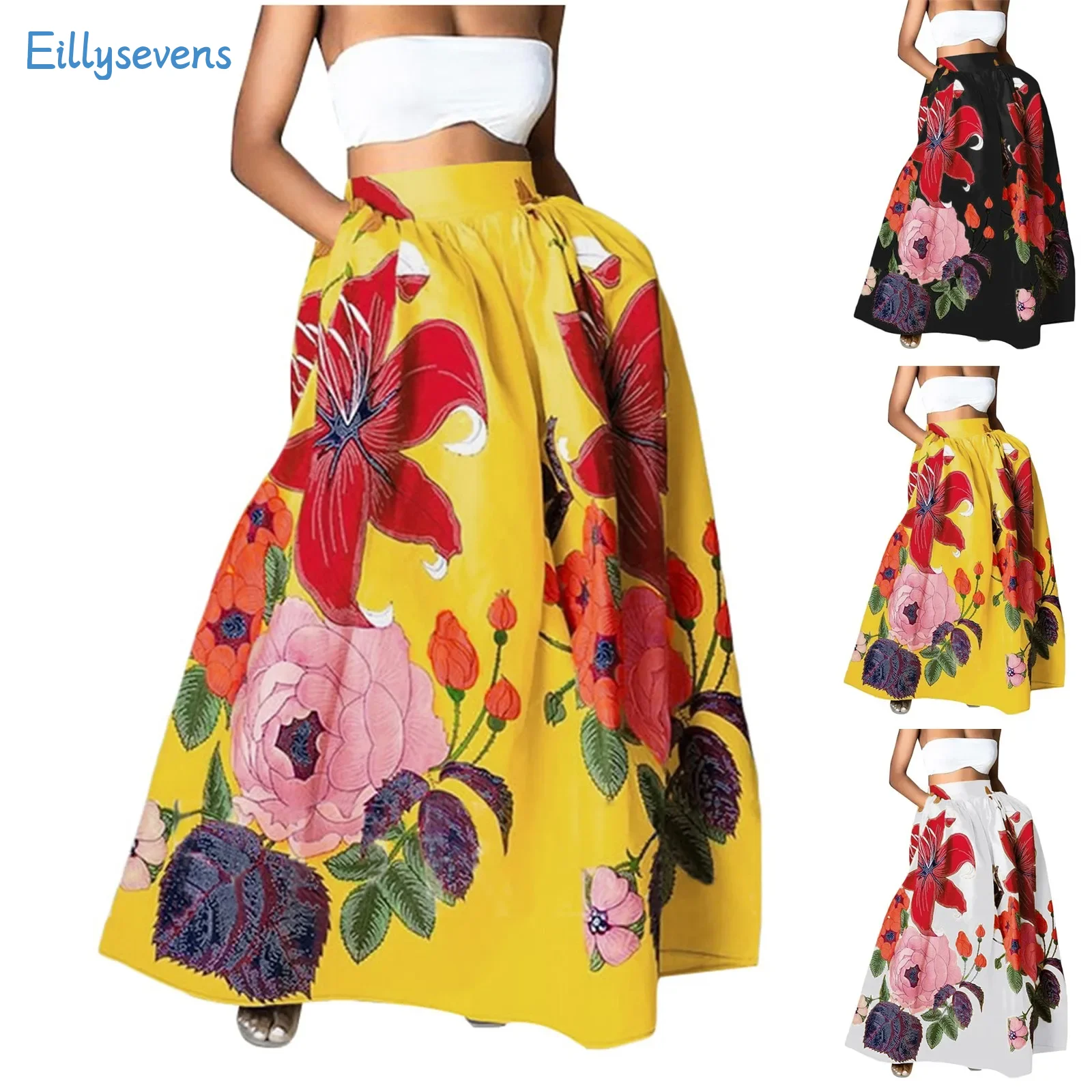 

Women'S Fashion Skirts Trend Retro Floral Print Loose Half Skirts Casual High Waist Beach Maxi A-Line Skirts With Pockets