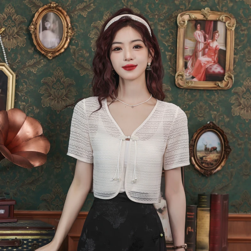 

Retro Chinese Style Short Knitted Lace Shoulder Wrap Women's Open Cardigan Dress Outer Sun Protection Clothes Sweet Fit