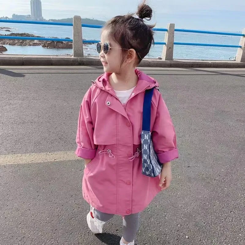 2024 Hot Selling Spring Autumn Girls Coat Long Style Waist Retractable Hoodies Windbreaker Jacket For 2-12 Years Old Kids