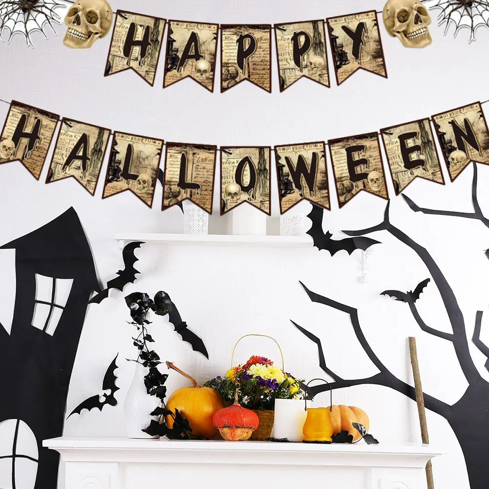 

Skull Spider Banner Halloween Decorations PVC Reusable Hanging Banners Party Supplies Spiral Tags Indoor Outdoor Scary