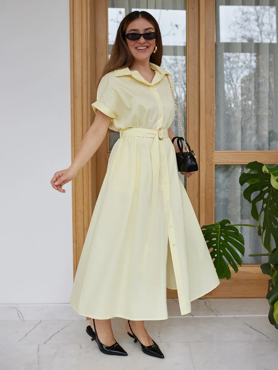 فستان نسائي صيفي جديد من Bornladies 2026 مصنوع من القطن بأكمام قصيرة وحزام خصر #3