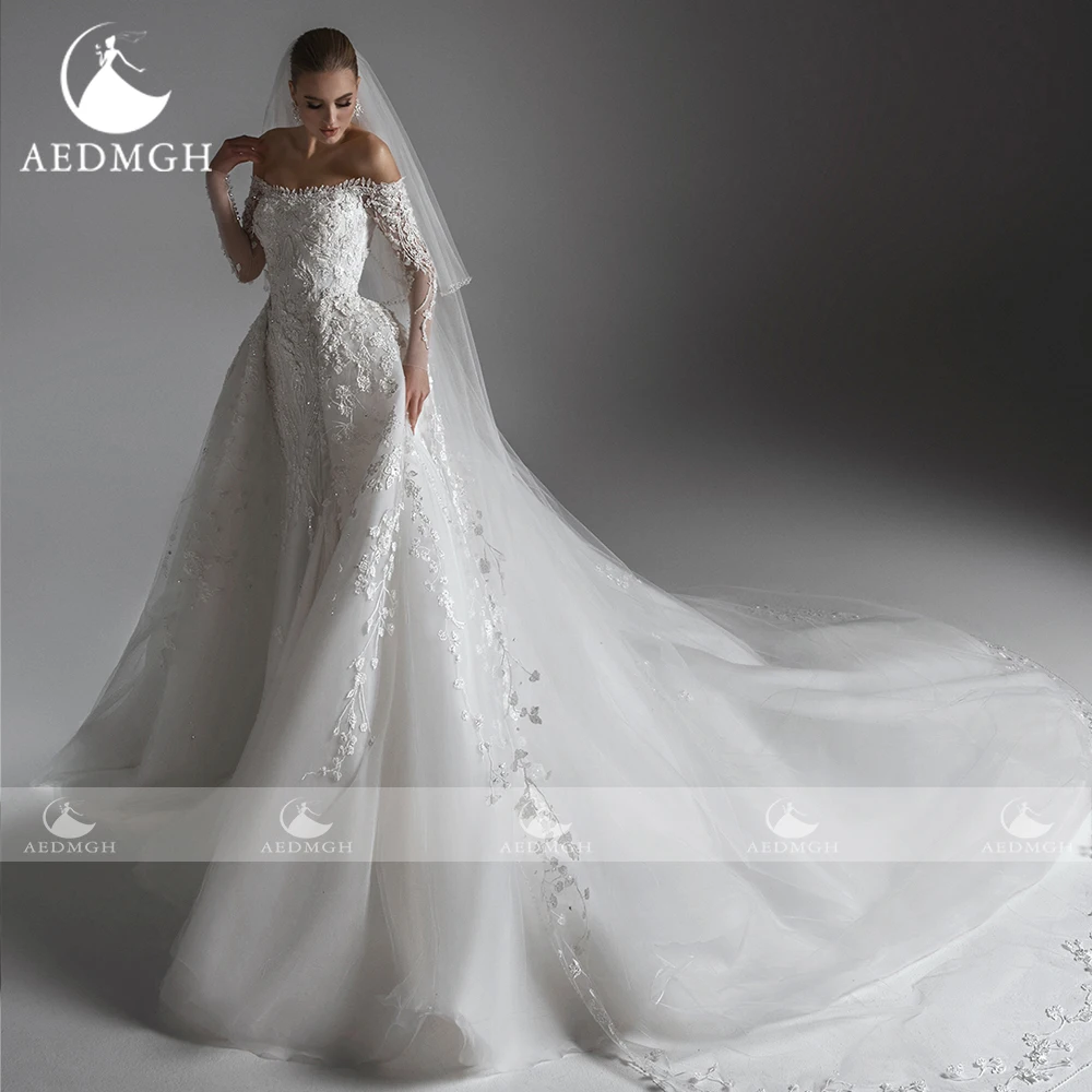 Aedmgh Mermaid Elegant Wedding Jurken 2023 Boothals Lange Mouwen Vestido De Novia Applicaties Afneembare Trein Robe De Mariee