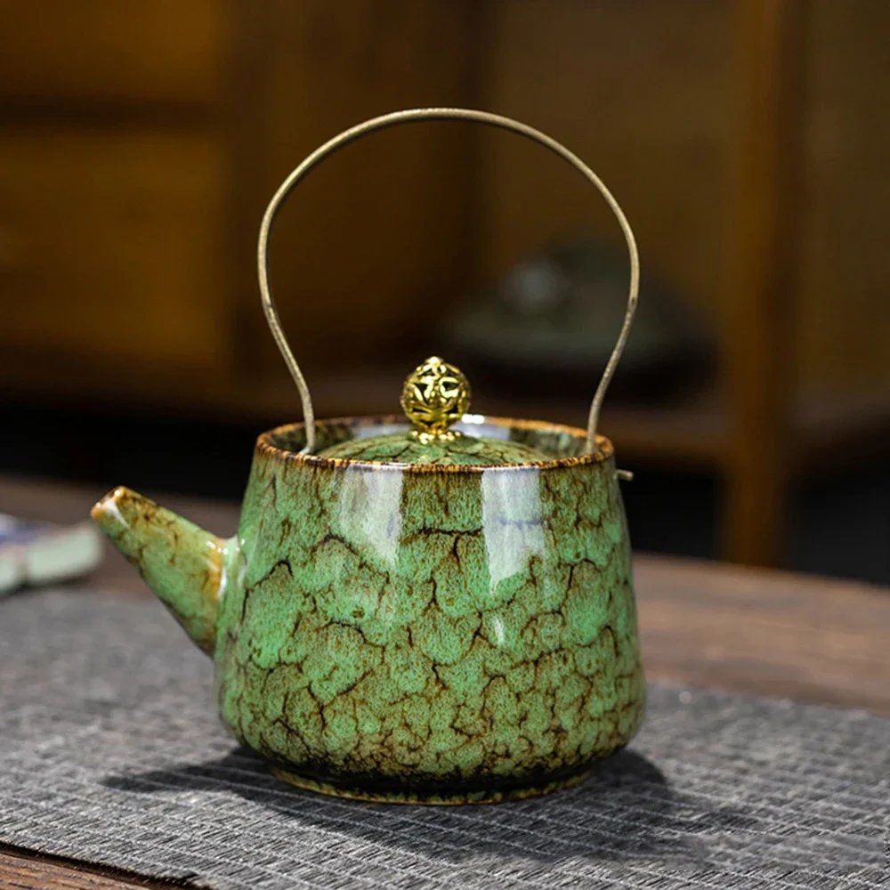 Kiln glaze ceramic Teapot, Household small tea pot with tea strainer, Mini Five-elements Handle Beam Pot, Kungfu tea set, 220ml