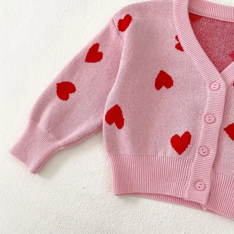 Cute Baby Girl Sweater 0-3Years Newborn Kids Long Sleeve Heart Pattern Knitted Cardigan Tops Outfits INS Spring Autumn Clothes