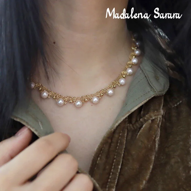 MADALENA SARARA 18k Gold Hand Braid Women Necklace Ripple Lace Edge Style Wide 5-6mm Freshwater Pearl Au750 Chain Necklace -C